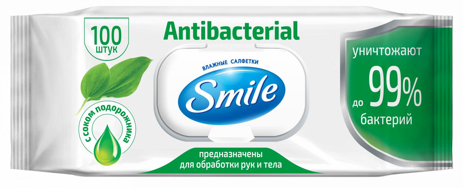 42113620 Влажные салфетки Smile Antibacterial с подорожником в упаковке с клапаном, 100 шт - 1 короб, 9 упаковок