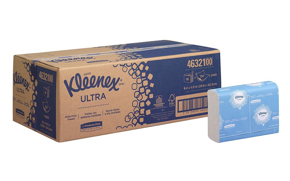 4632 Листовые бумажные полотенца Kleenex Ultra Multifold премиум-класса - 16 пачек по 150 листов, S/Z сложение