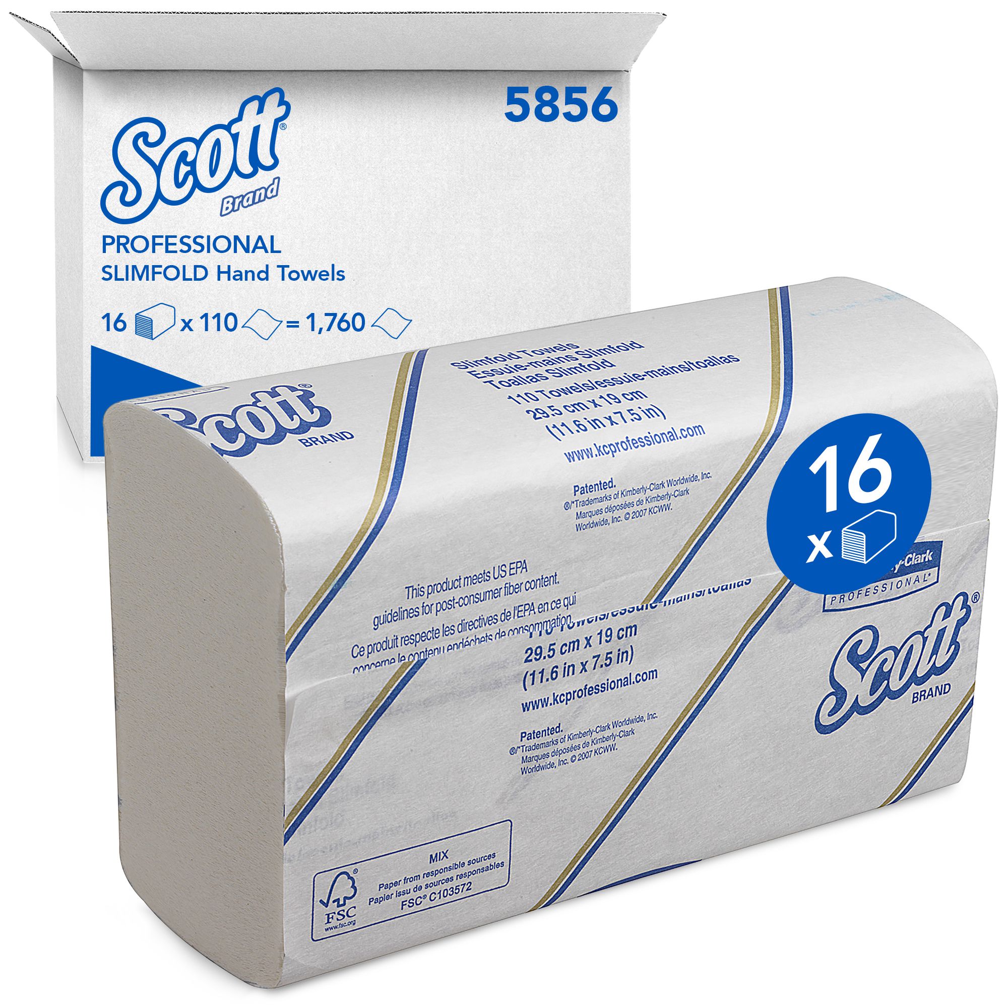 5856 Листовые бумажные полотенца Scott SlimFold - 16 пачек по 110 листов, S/Z сложение